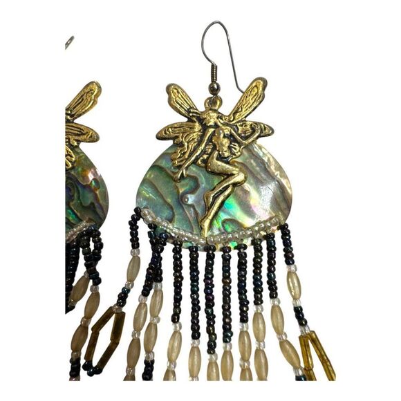 Fairy Abalone & Beaded Dangle Earrings Chandelier Gold Accents 5" Hook Fantasy - Picture 9 of 10